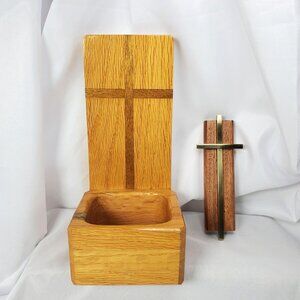 Wooden Cross Incense Box and Gold Metal Cross Wood Inlay Religious Handcrafted